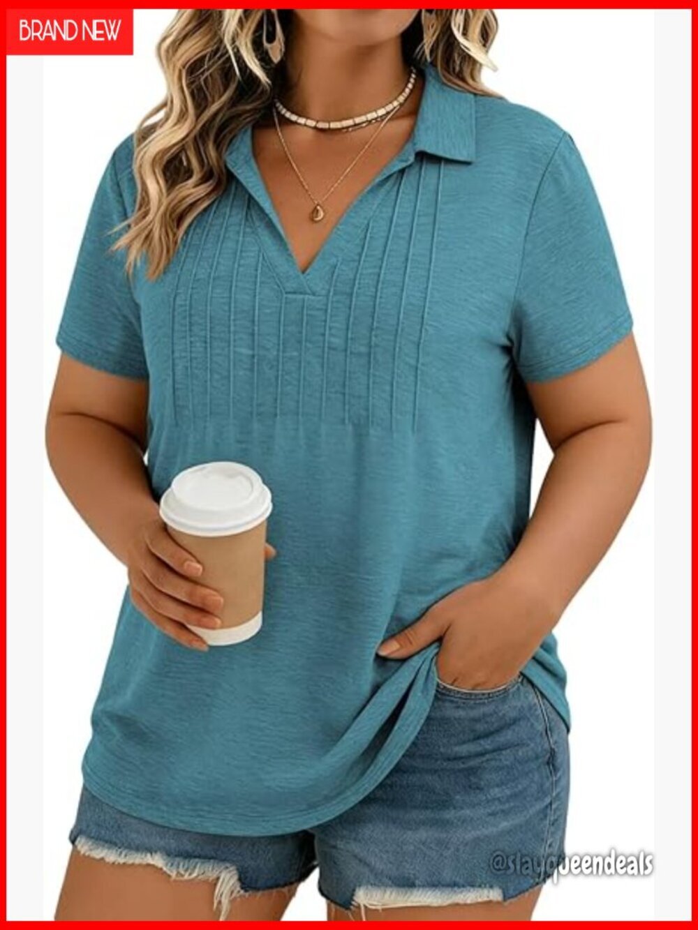 Plus Size V-Neck Polo Shirt Short Sleeve Pleated Blouse Casual Top